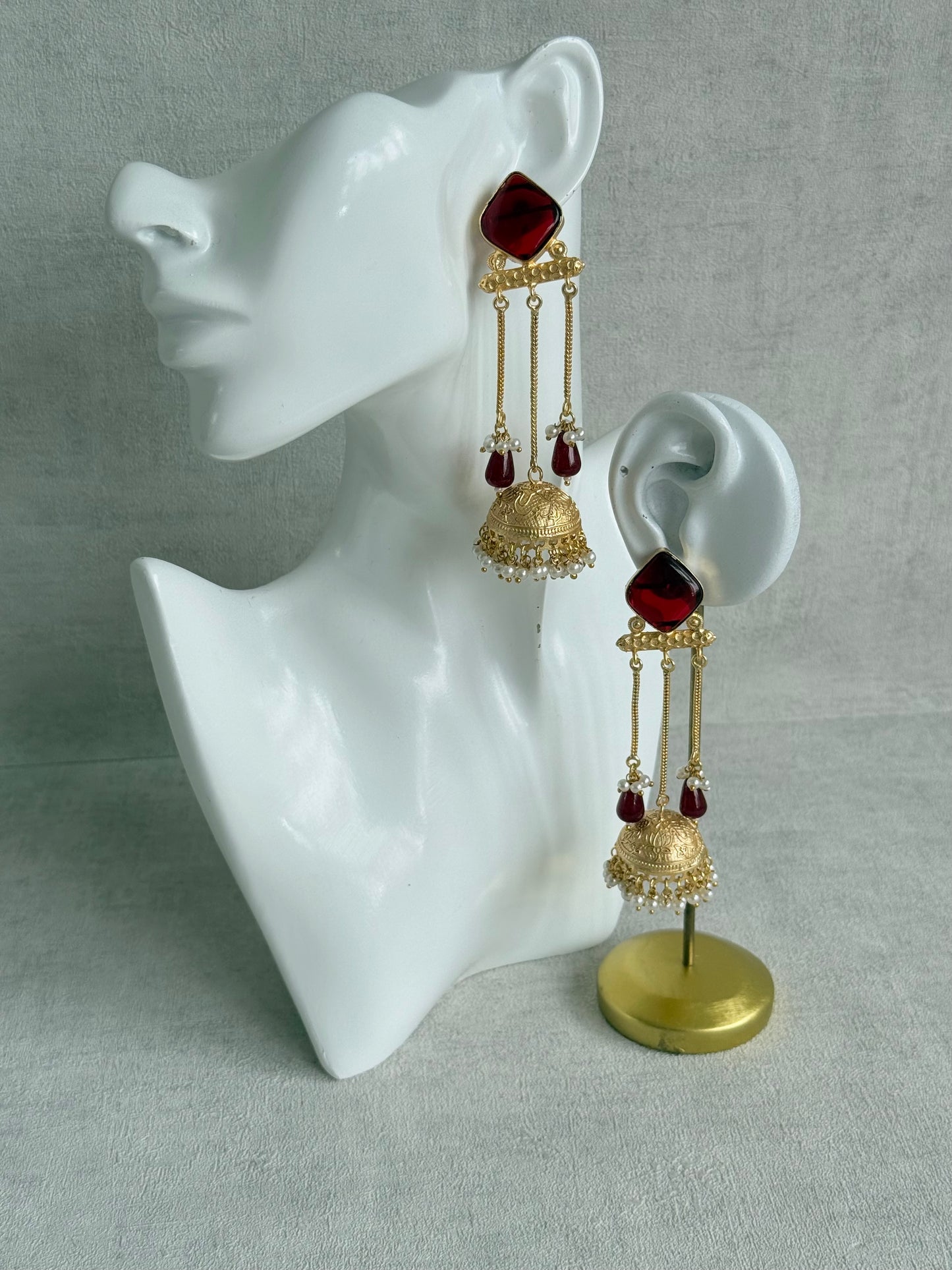 Ayura Designs Mahwina Jhumkis – Ruby Red Stones with Chain Drops & Pearl Detailing