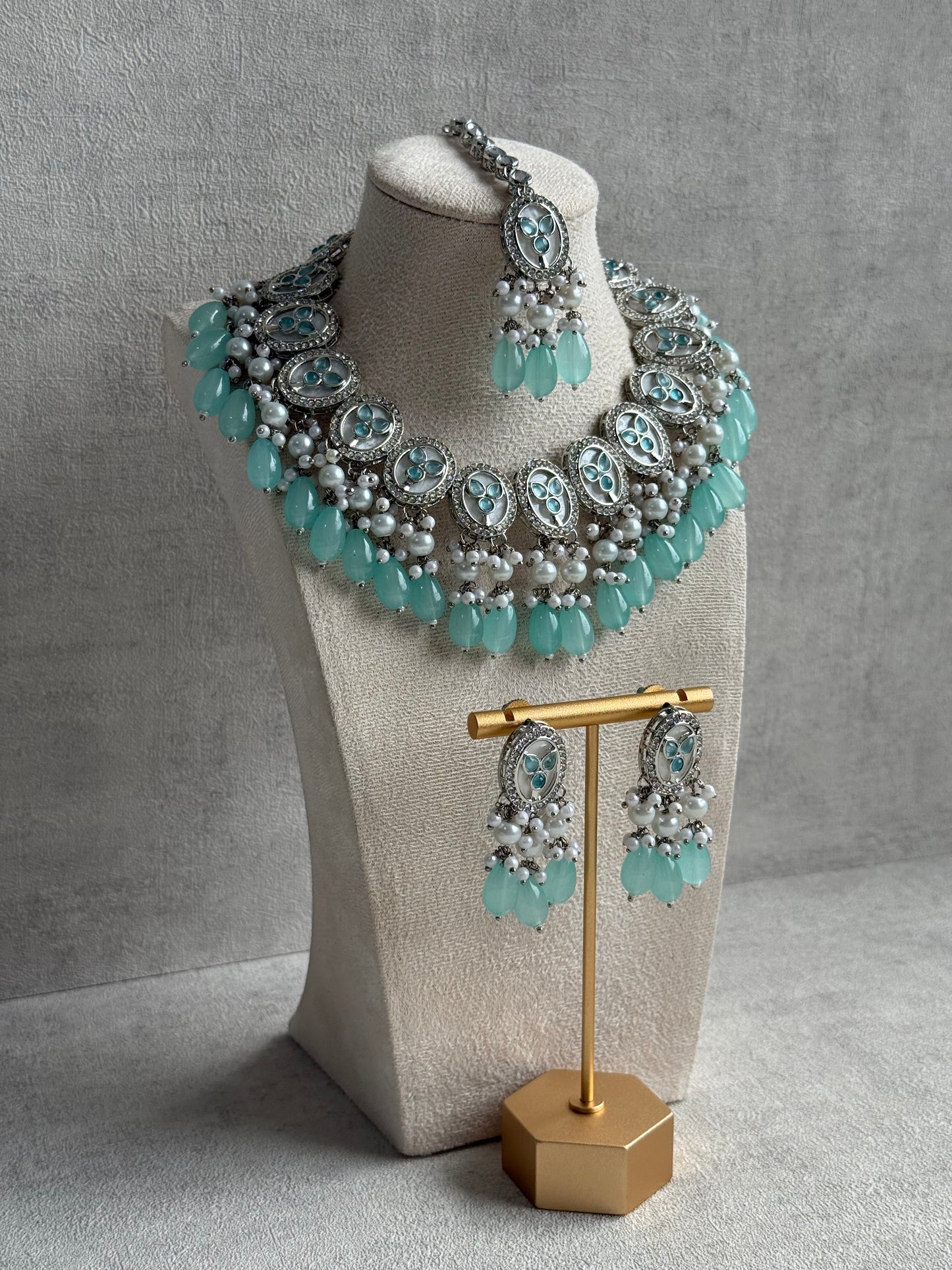 Ayura Designs Linza Set – Necklace, Earrings & Tikka in Aqua Blue & Pearl with Silver Finish