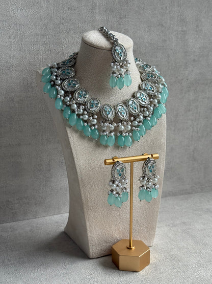 Ayura Designs Linza Set – Necklace, Earrings & Tikka in Aqua Blue & Pearl with Silver Finish
