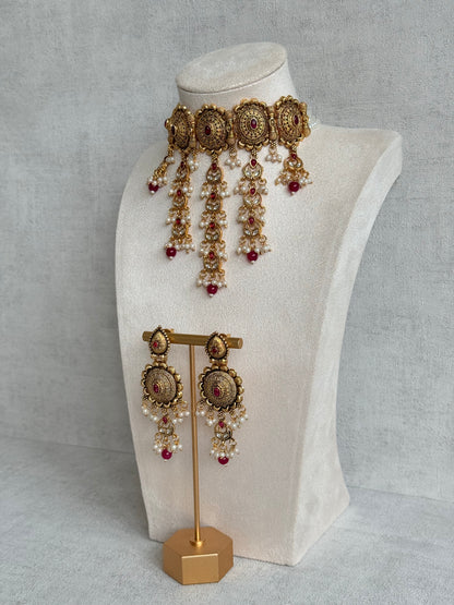 Ayura Designs Kabini Choker Set with Earrings – Gold Kundan Waterfall Choker with Ruby Pink Beads & Pearls