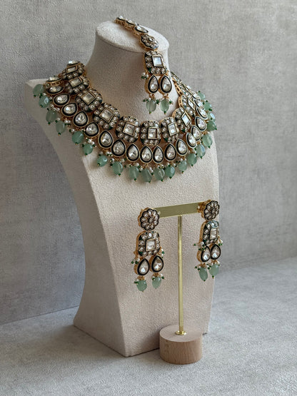 Ayura Designs Salma Set – Necklace, Earrings & Tikka with Mirror-Cut Kundan, Mint Green Beads, Emerald Green Meenakari & Gold Finish