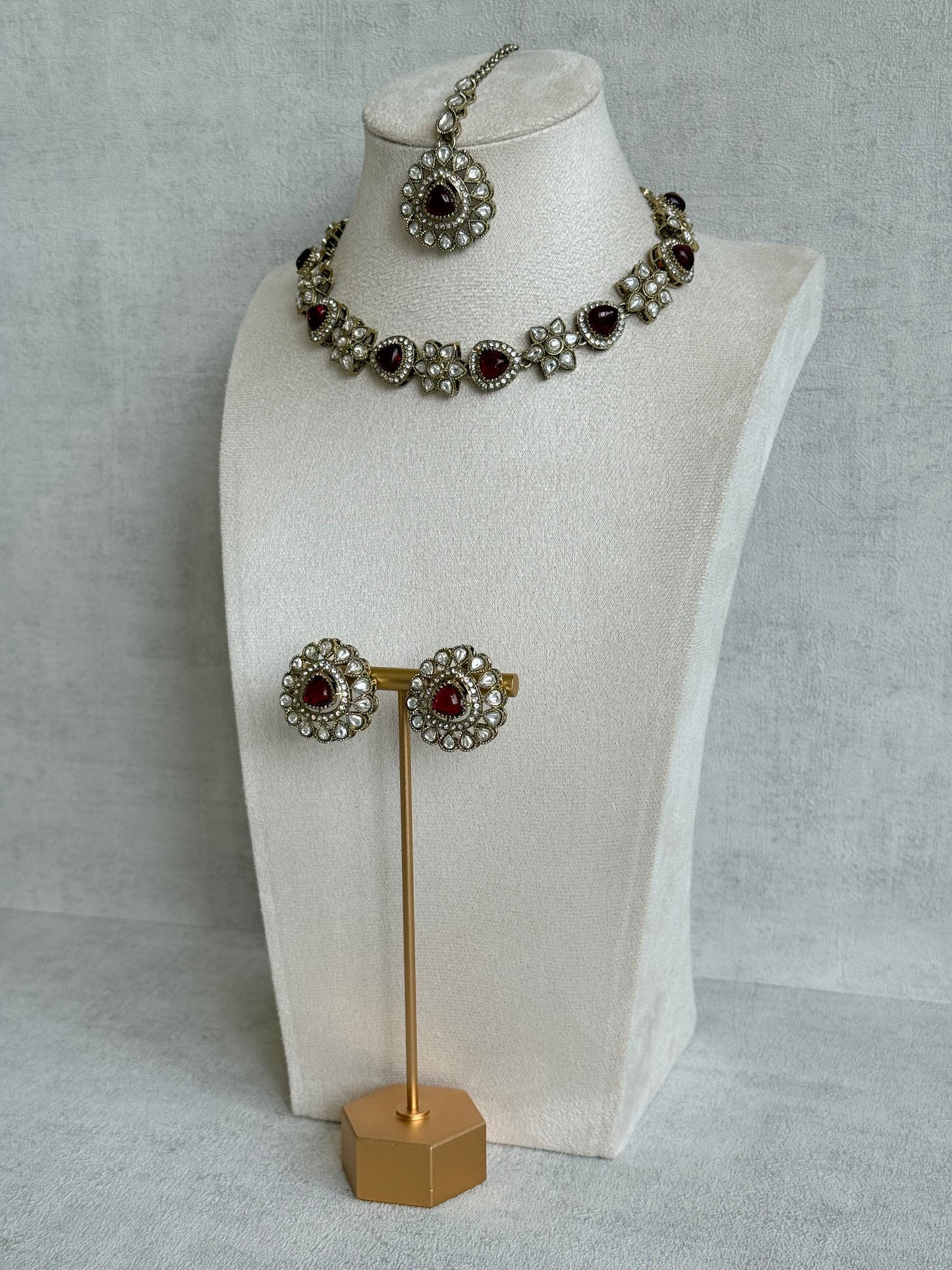 Ayura Designs Ivy Necklace Set with Studs & Tikka – Ruby Red Kundan Detailing
