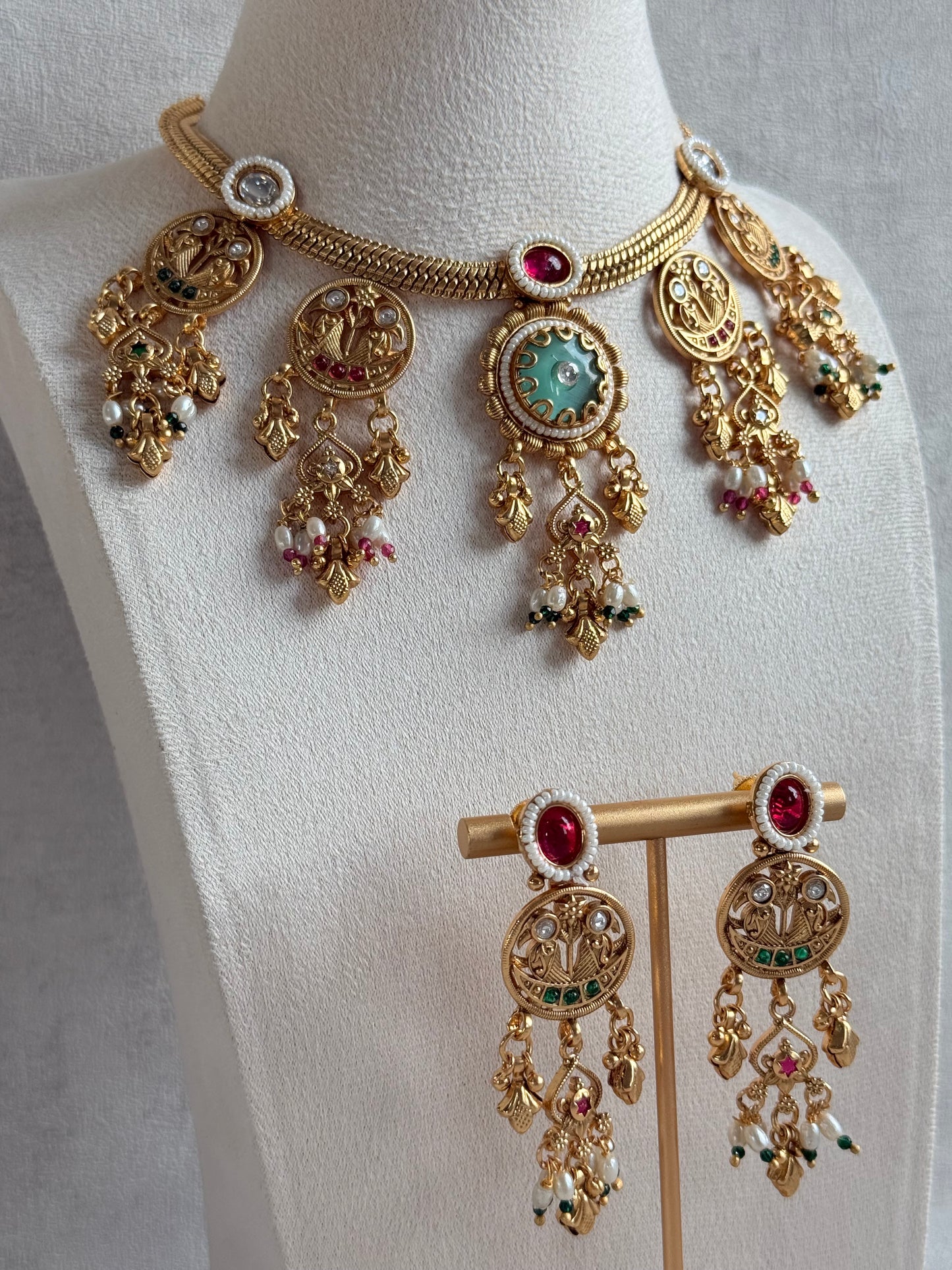 Ayura Designs Parchhai Necklace Set with Earrings – Mint Green, Ruby Red & Emerald Green Stones, Bird Motifs & Pearl Detailing