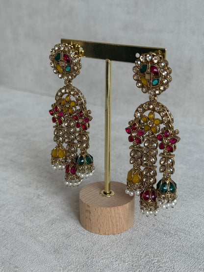 Ayura Designs Soraya Earrings – Multicolour Stones, Champagne Crystals, Pearl Detailing & Gold Finish