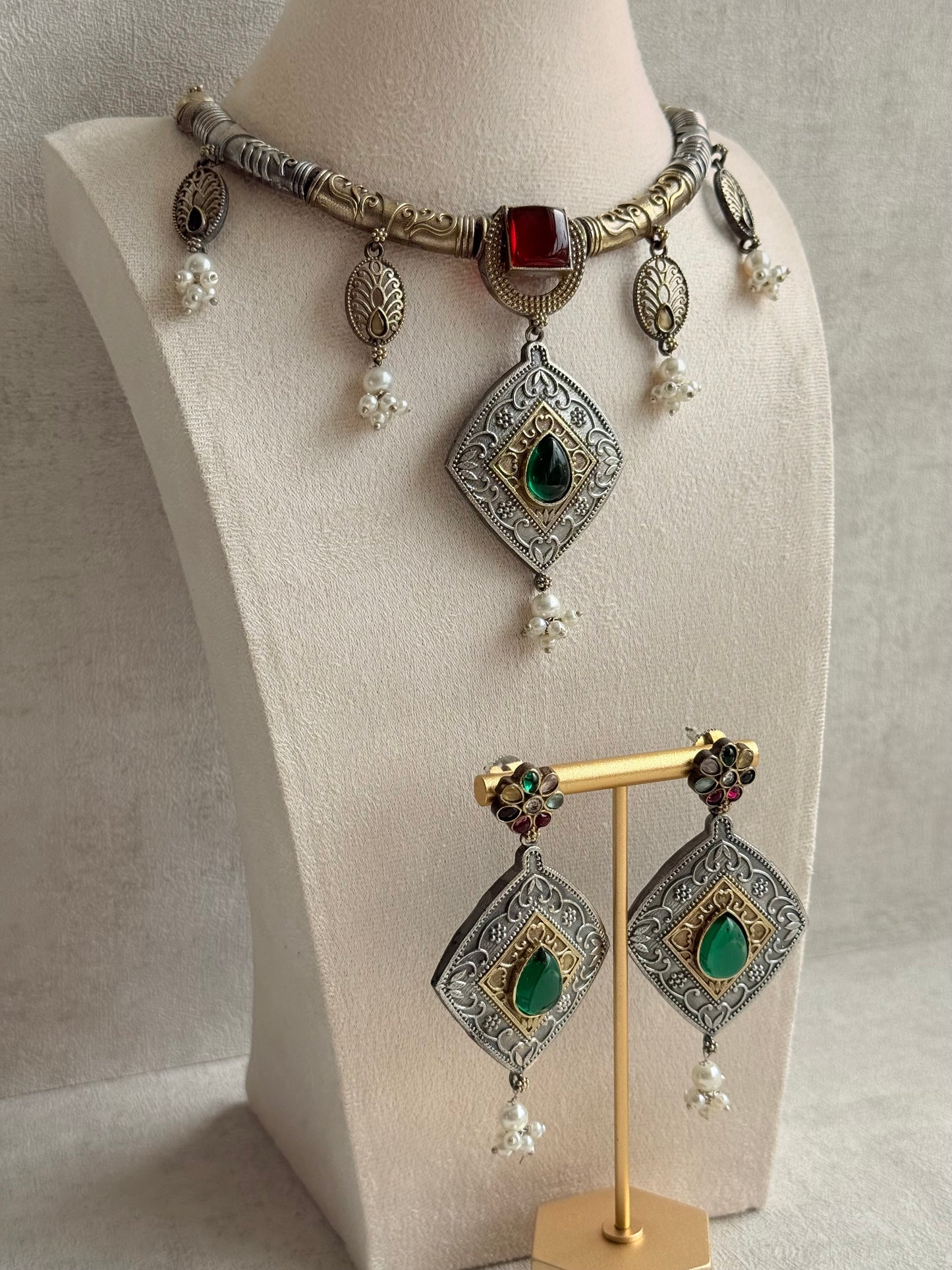 Ayura Designs Paayal Set with Earrings – Dual Tone Oxidised Necklace Set with Multicolour Stones & Pearl Clusters