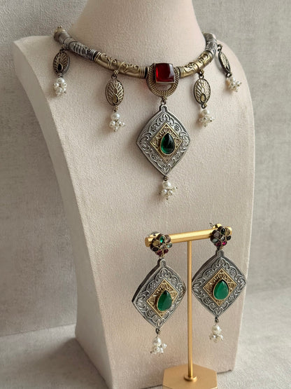 Ayura Designs Paayal Set with Earrings – Dual Tone Oxidised Necklace Set with Multicolour Stones & Pearl Clusters