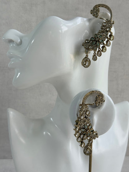 Ayura Designs Aksara Kaanphool Earrings – Mint Green Stones, Kundan, Crystals & Antique Gold Finish