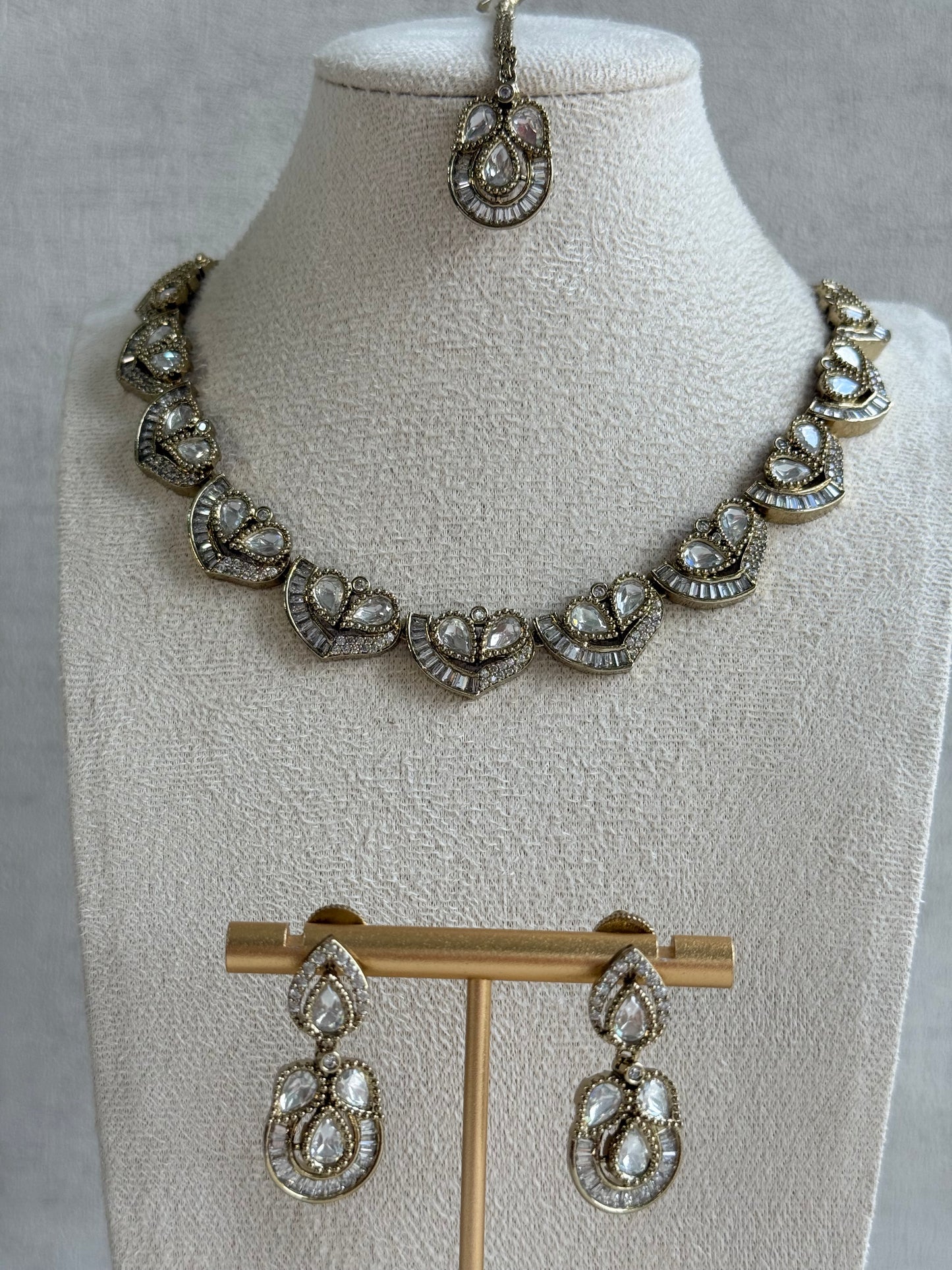 Ayura Designs Katalina Necklace Set with Earrings & Tikka – Crystal Detailing & Antique Gold Finish