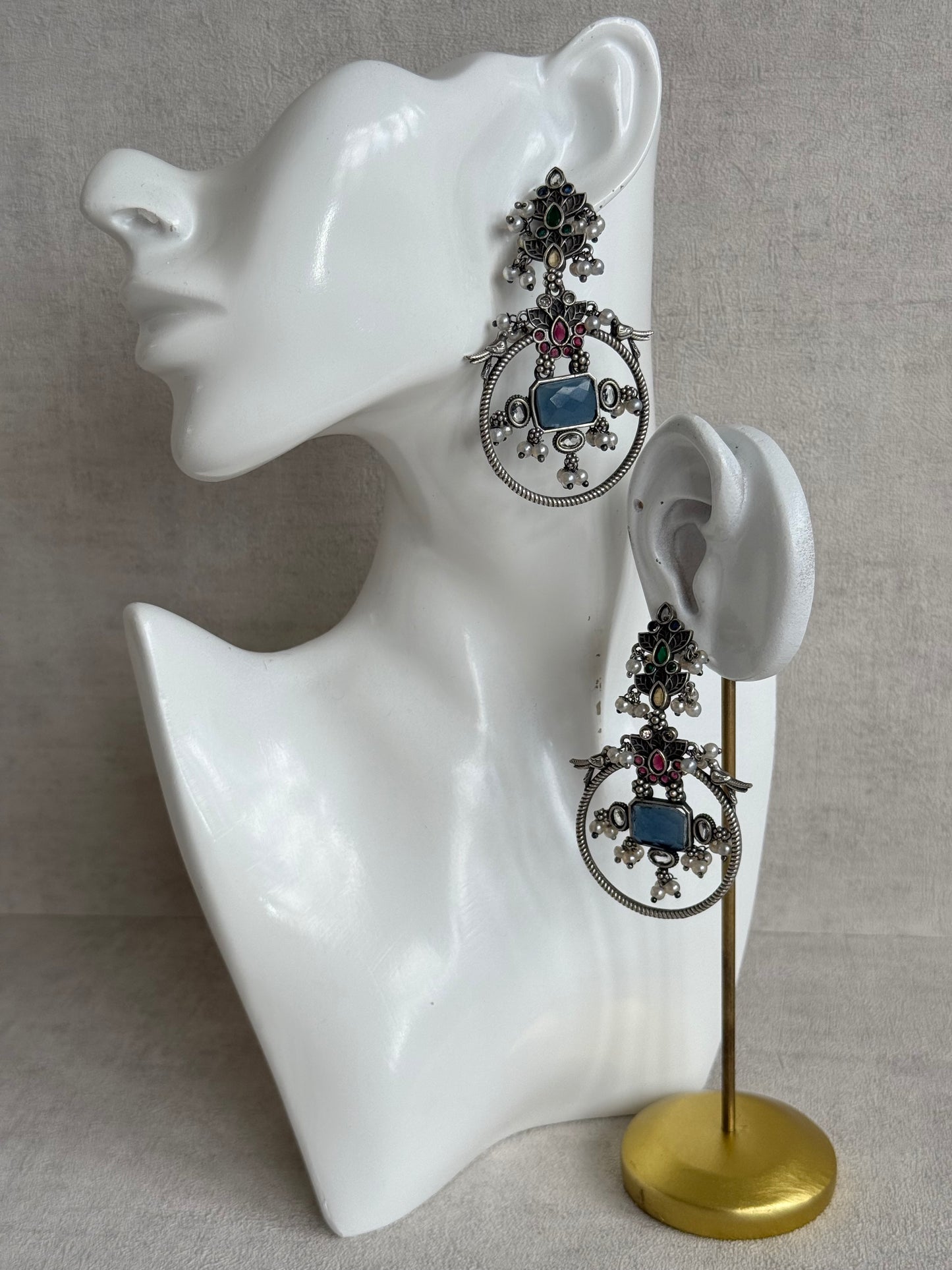 Ayura Designs Katha Earrings – Oxidised Statement Earrings with Multicolour Stonework & Pearl Detailing