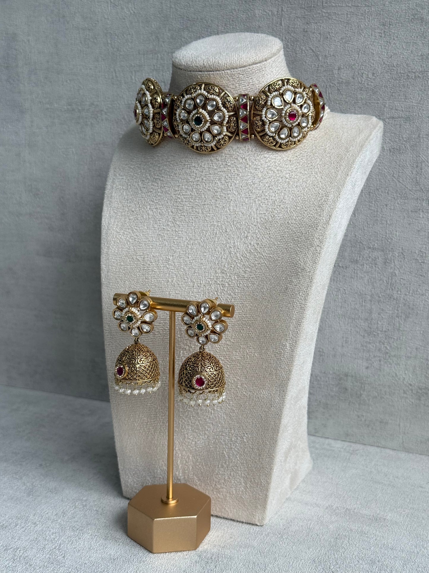 Ayura Designs Tanu Choker Set – Antique Gold Choker & Jhumkis with Ruby & Emerald Kundan and Pearl Borders