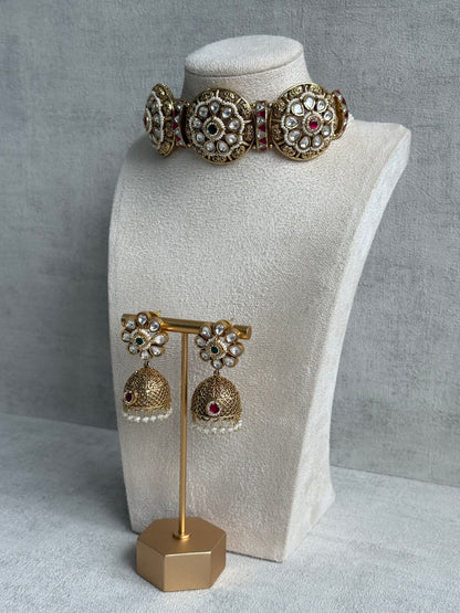 Ayura Designs Tanu Choker Set – Antique Gold Choker & Jhumkis with Ruby & Emerald Kundan and Pearl Borders