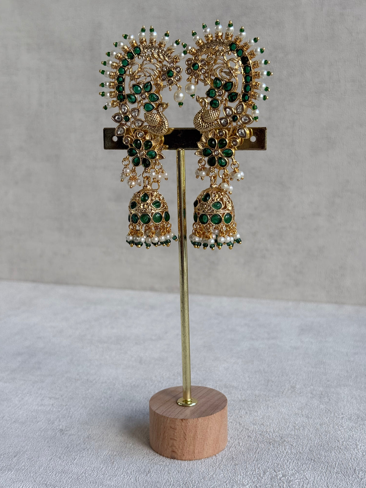 Ayura Designs Nitya Kaanphool Jhumkis – Gold Peacock Motifs, Emerald Green Kundan & Pearl Drops with Attached Sahare