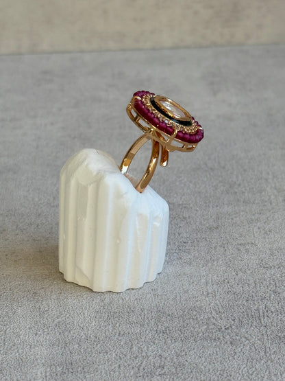 Ayura Designs Roselle Adjustable Ring – Moissanite Centre with Crystal Border & Rani Pink Beads