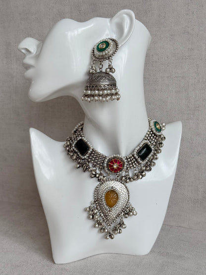 Ayura Designs Izel Necklace Set with Jhumkis – Oxidised Silver Statement Necklace with Multicolour Stones & Ghungroo Detailing