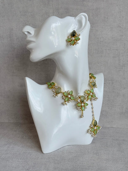 Ayura Designs Zaria Set with Tikka & Earrings – Prehnite with Pearls & Crystals