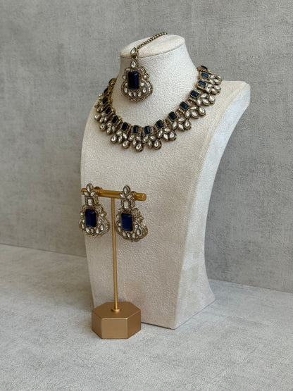 Ayura Designs Olivia Set with Necklace, Earrings & Tikka – Navy Blue Stones, Pear-Cut White Accents & Antique Gold Finish
