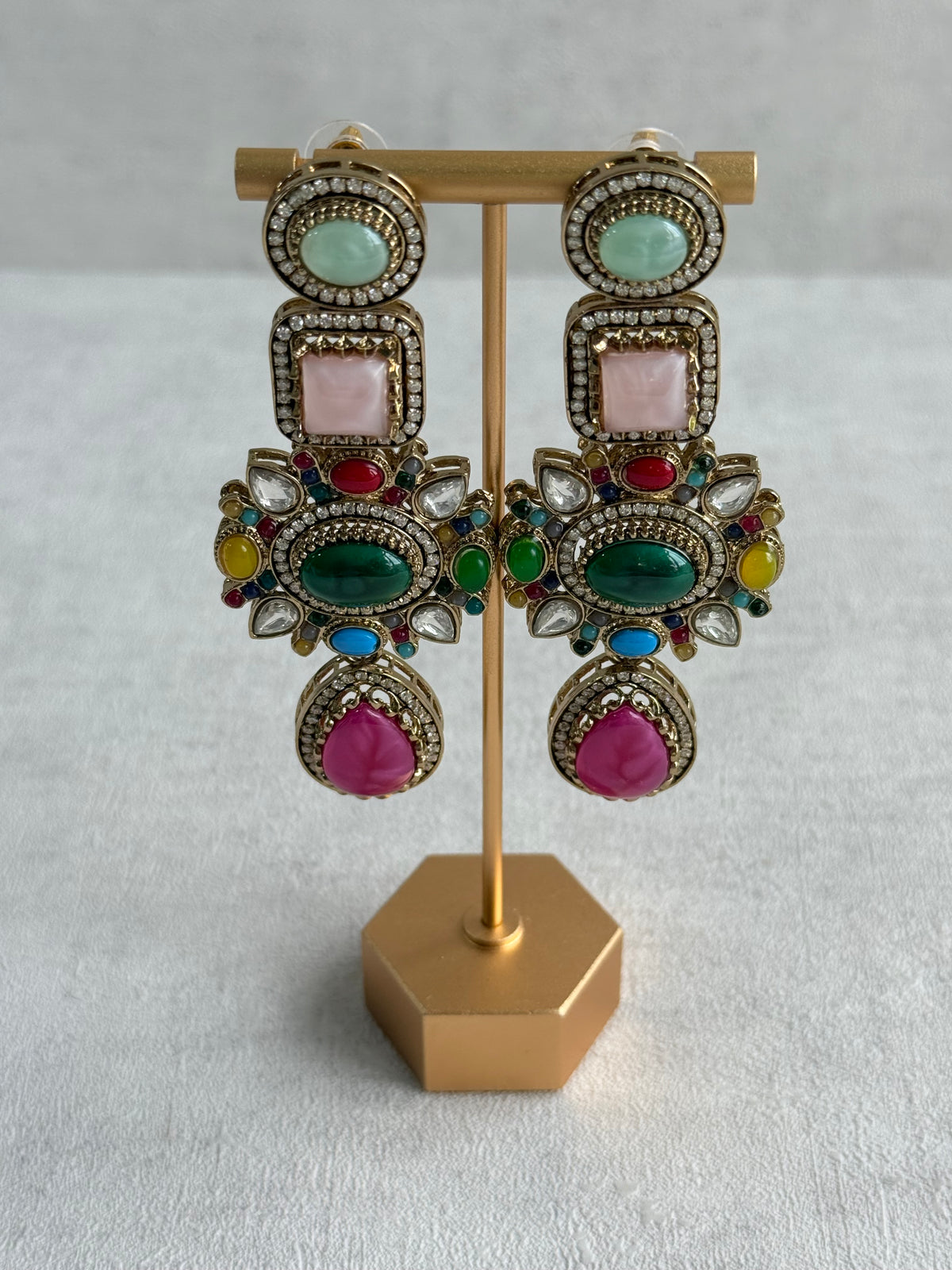 Ayura Designs Jeenat Earrings – Multicolour Stones, Crystal Detailing & Rani Pink Teardrops