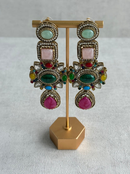Ayura Designs Jeenat Earrings – Multicolour Stones, Crystal Detailing & Rani Pink Teardrops