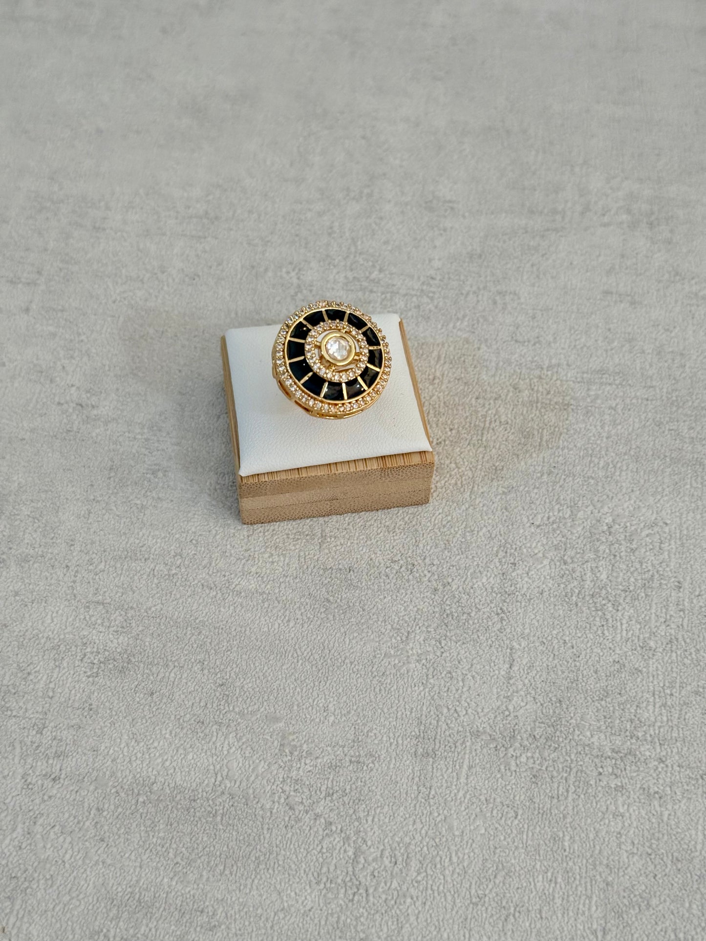 Ayura Designs Maisie Adjustable Ring – Black Enamel with Crystal Border & Moissanite Centre