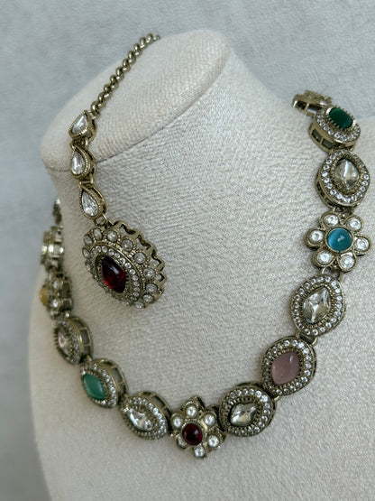 Ayura Designs Ivy Necklace Set with Studs & Tikka – Multicolour Kundan Detailing