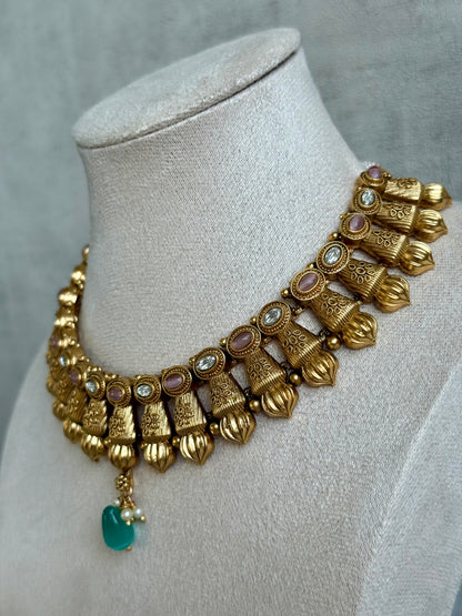 Ayura Designs Aima Necklace Set with Earrings – Antique Gold with Blush Pink & Aqua Green Stones