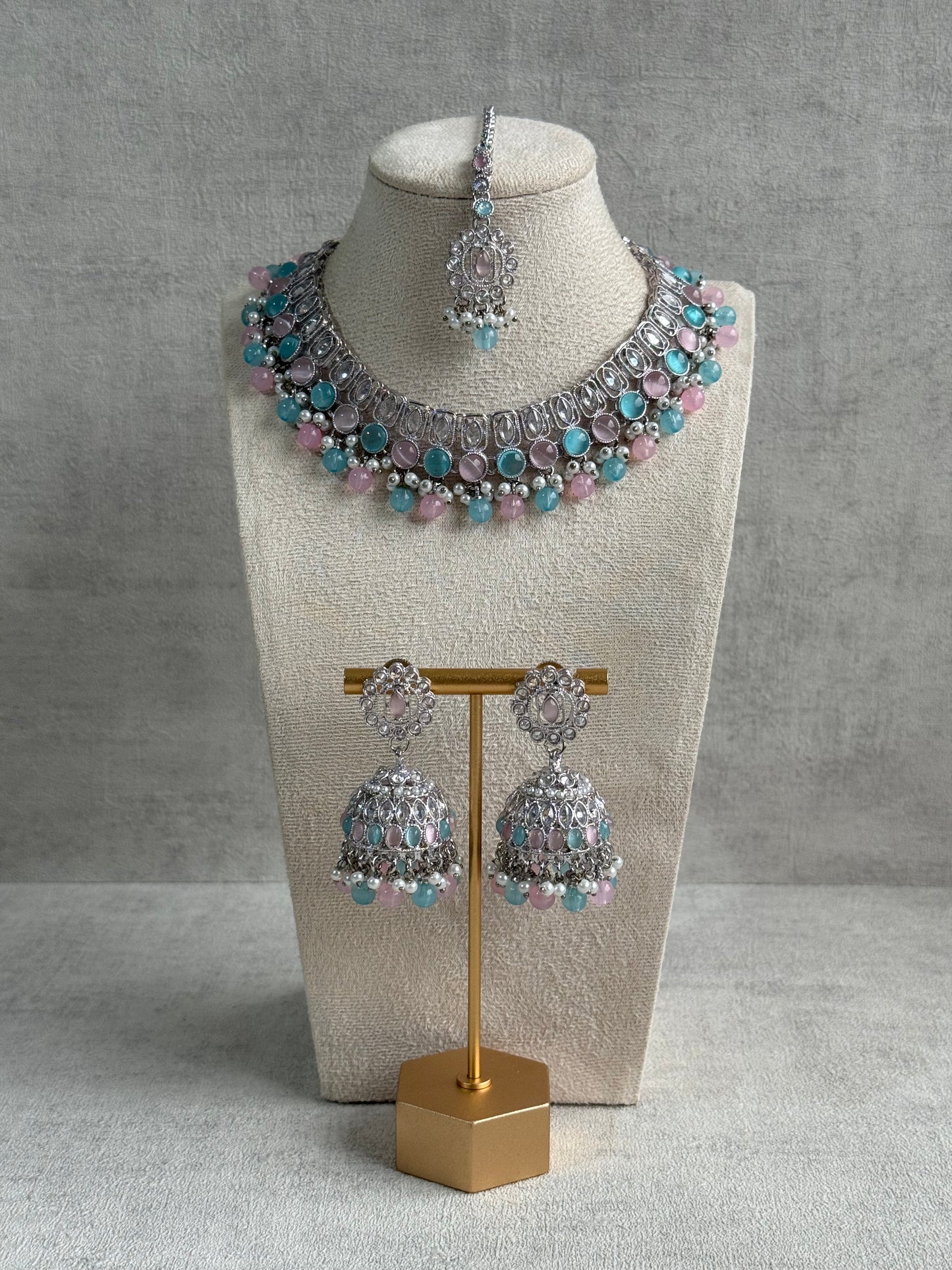 Ayura Designs Rayal Set – Silver Necklace, Jhumkis & Tikka with Aqua Blue, Blush Pink & Pearl Detailing