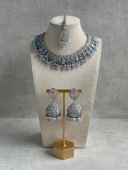 Ayura Designs Rayal Set – Silver Necklace, Jhumkis & Tikka with Aqua Blue, Blush Pink & Pearl Detailing