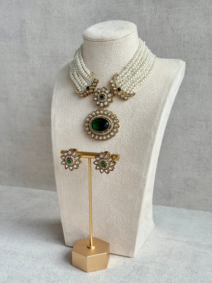 Ayura Designs Amaya Necklace Set with Studs – Antique Finish in Emerald Green Stones with Pearl Strands