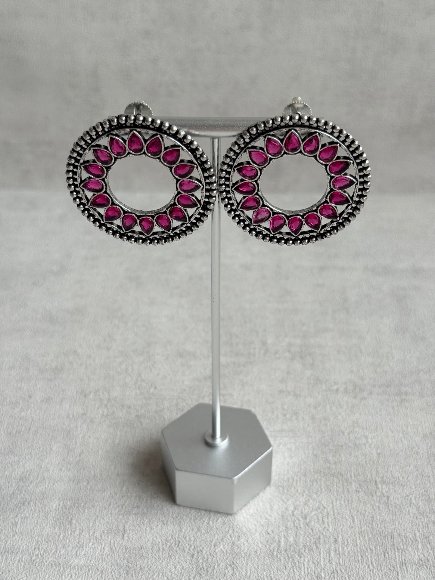 Ayura Designs Kesar Studs – Statement Oxidised Stud Earrings with Fuchsia Pink Stones