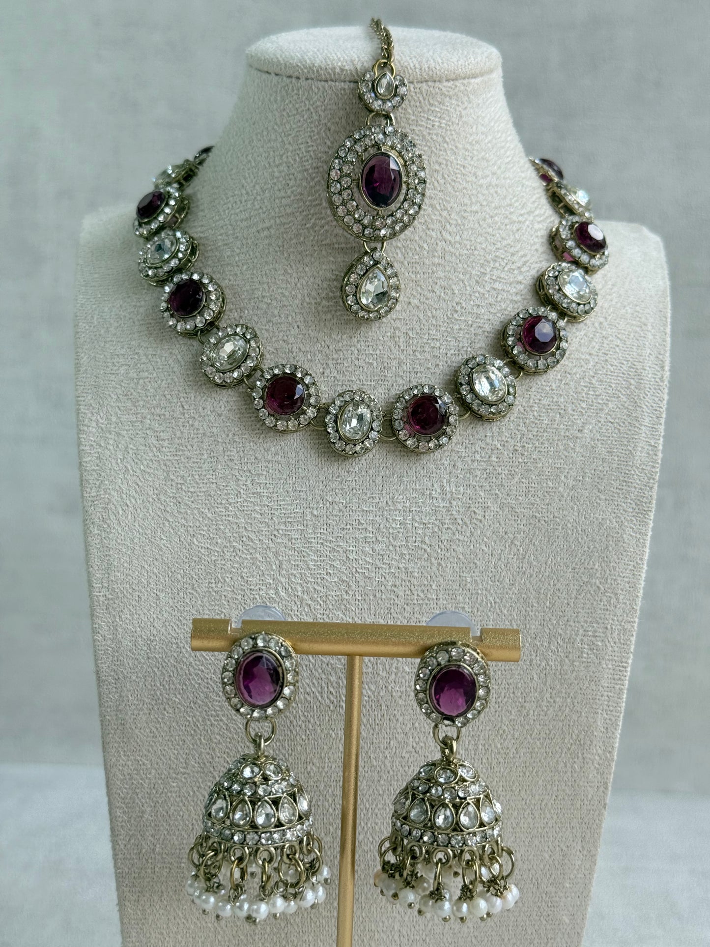 Ayura Designs Eira Necklace Set with Earrings & Tikka – Plum & Crystal Stones with Antique Gold Finish