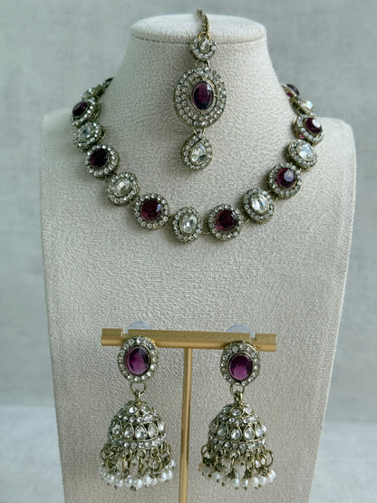Ayura Designs Eira Necklace Set with Earrings & Tikka – Plum & Crystal Stones with Antique Gold Finish