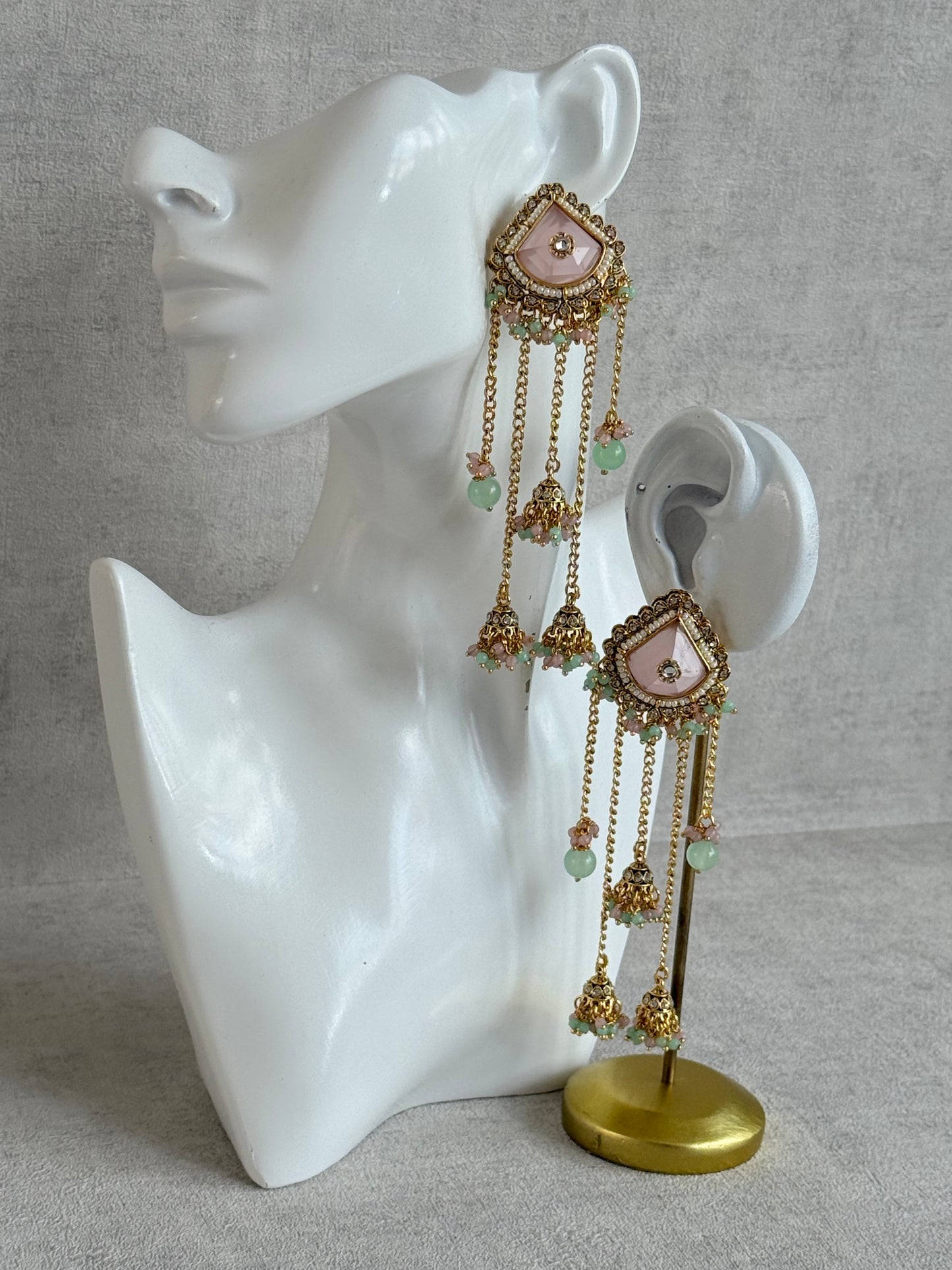 Ayura Designs Tanika Earrings – Blush Pink & Mint Green Duster Earrings with Jhumki Drops