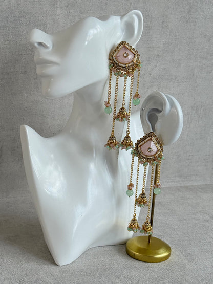 Ayura Designs Tanika Earrings – Blush Pink & Mint Green Duster Earrings with Jhumki Drops