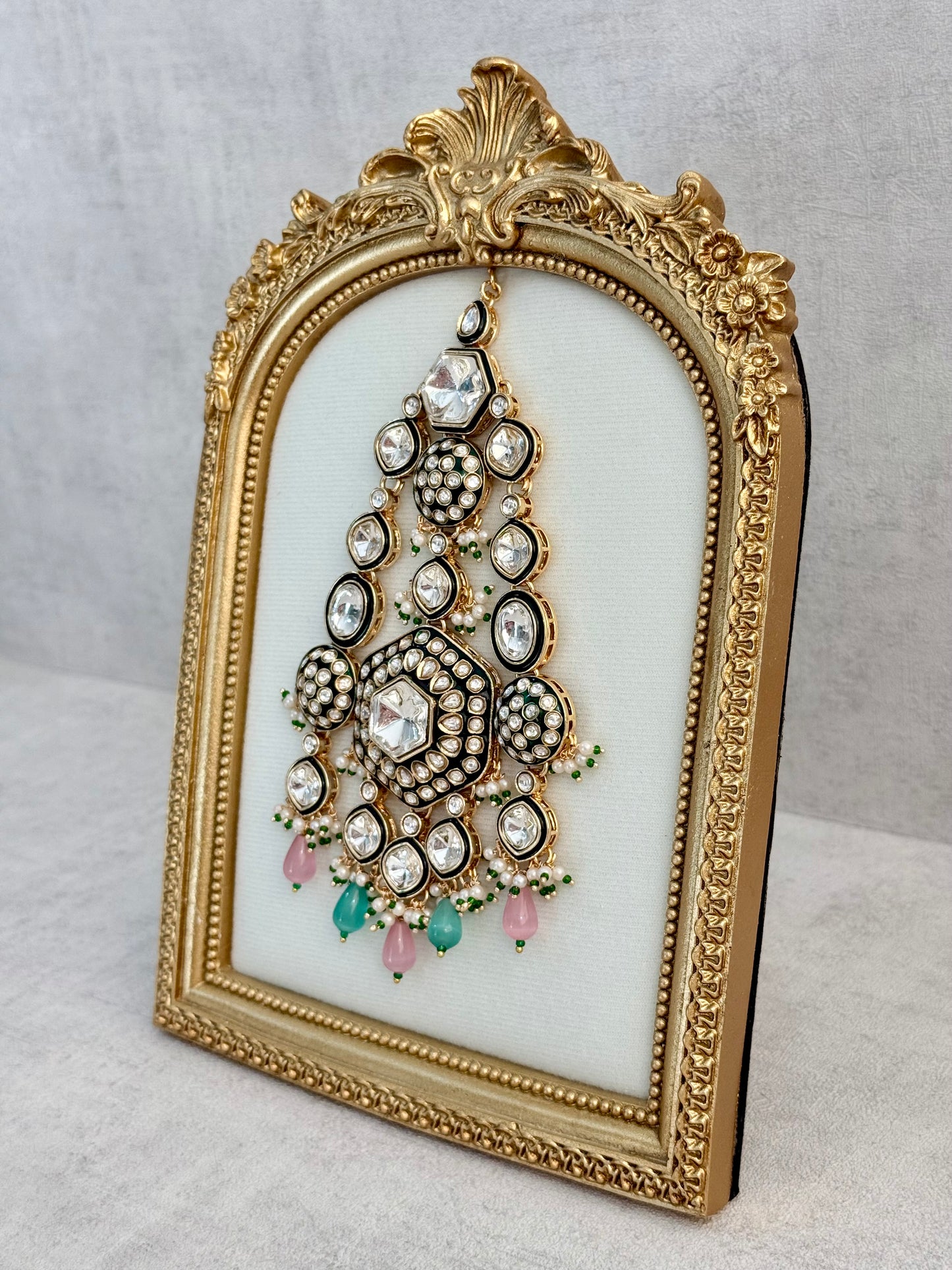 Ayura Designs Visha Jhoomar Passa – Polki Kundan with Blush Pink & Aqua Blue Drops and Pearl Detailing