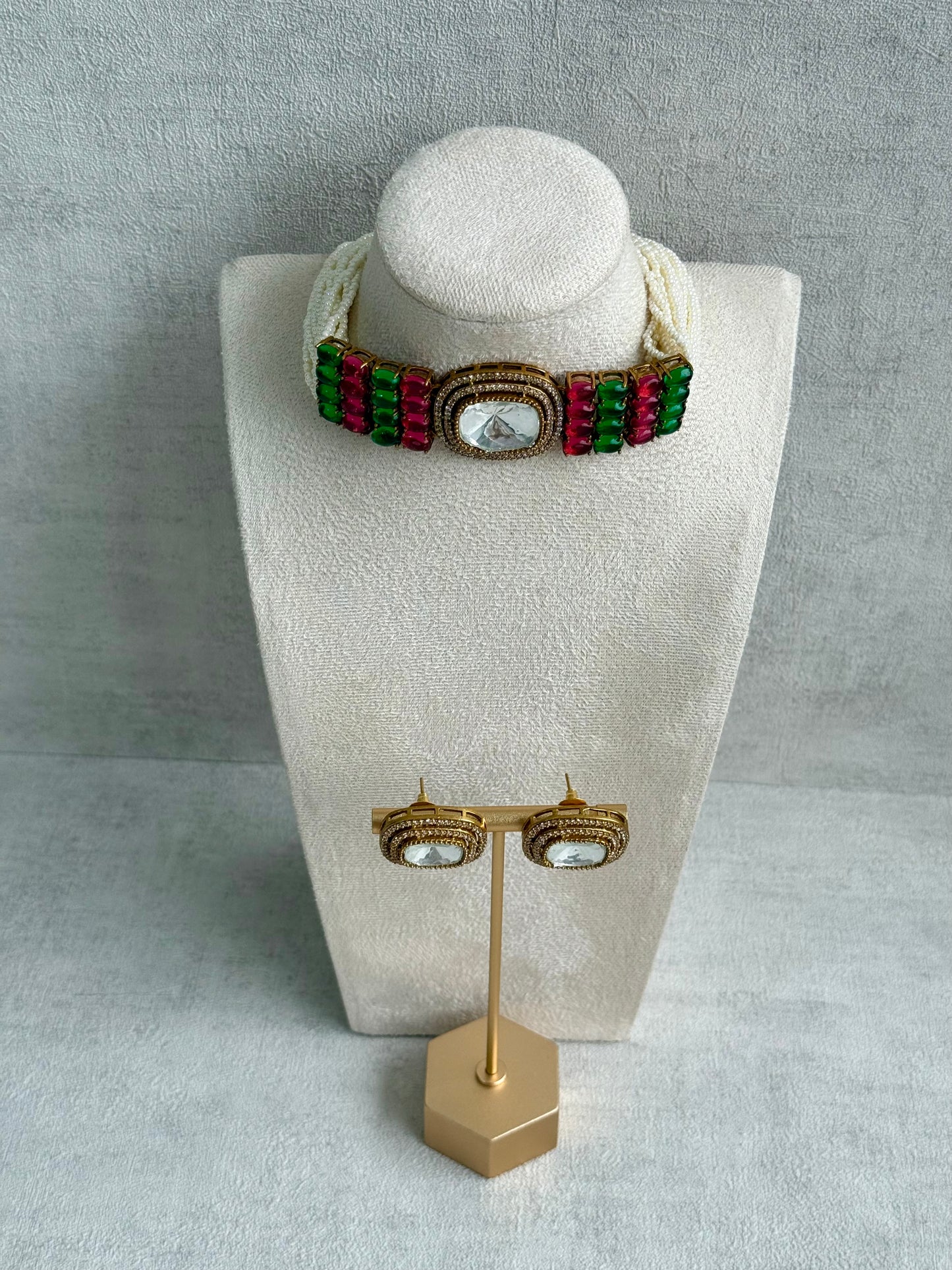 Ayura Designs Emma Choker Set – Fuchsia Pink & Emerald Green Gemstone Choker & Studs with Mirror-Cut Centrepiece, Pearl Strands & Crystal Borders