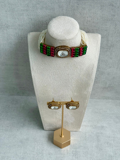 Ayura Designs Emma Choker Set – Fuchsia Pink & Emerald Green Gemstone Choker & Studs with Mirror-Cut Centrepiece, Pearl Strands & Crystal Borders