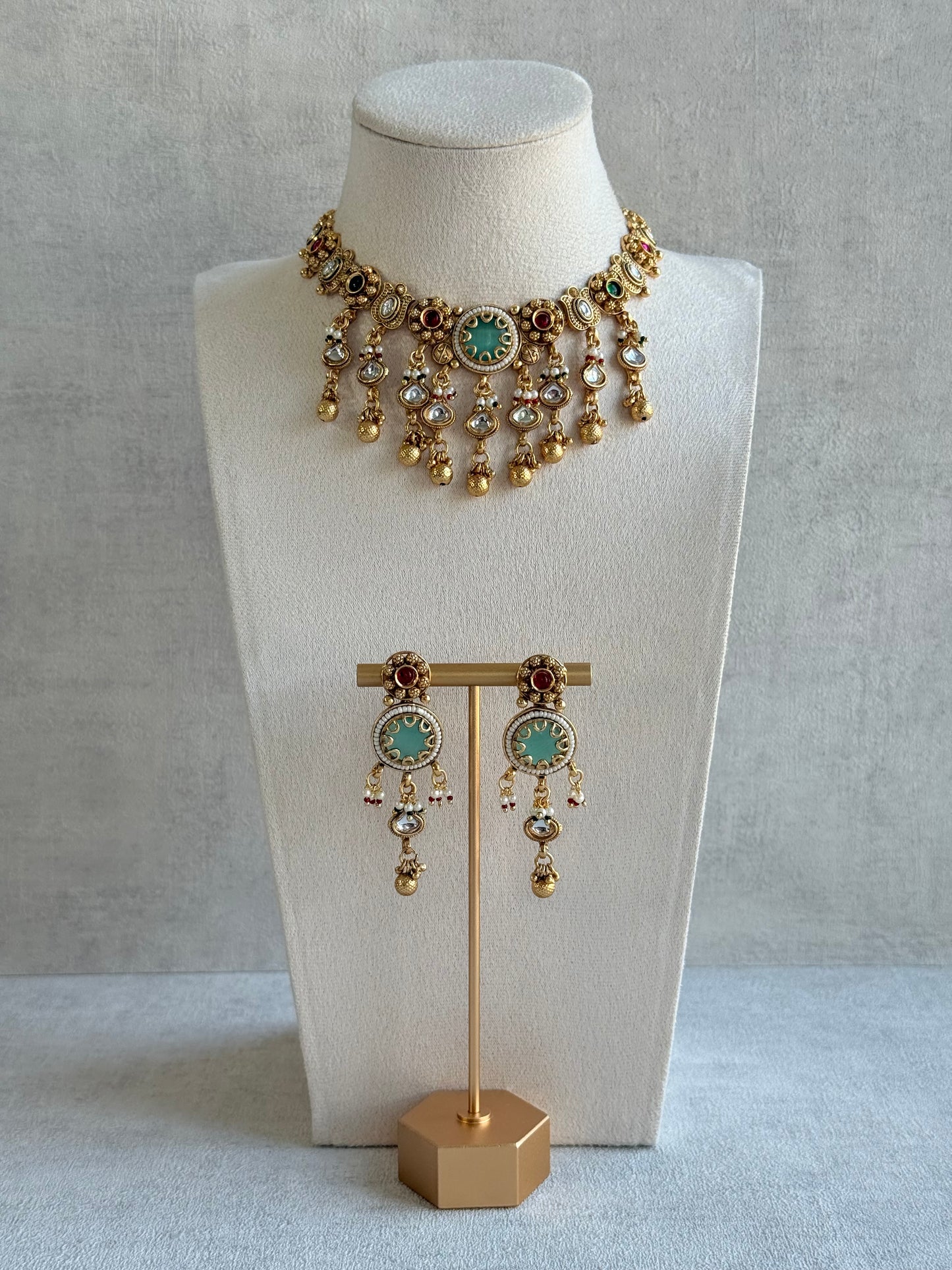 Ayura Designs Abira Necklace Set with Earrings – Kundan, Multicolour Stones, Pearl Detailing & Gold Finish
