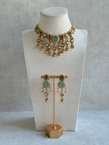 Ayura Designs Abira Necklace Set with Earrings – Kundan, Multicolour Stones, Pearl Detailing & Gold Finish