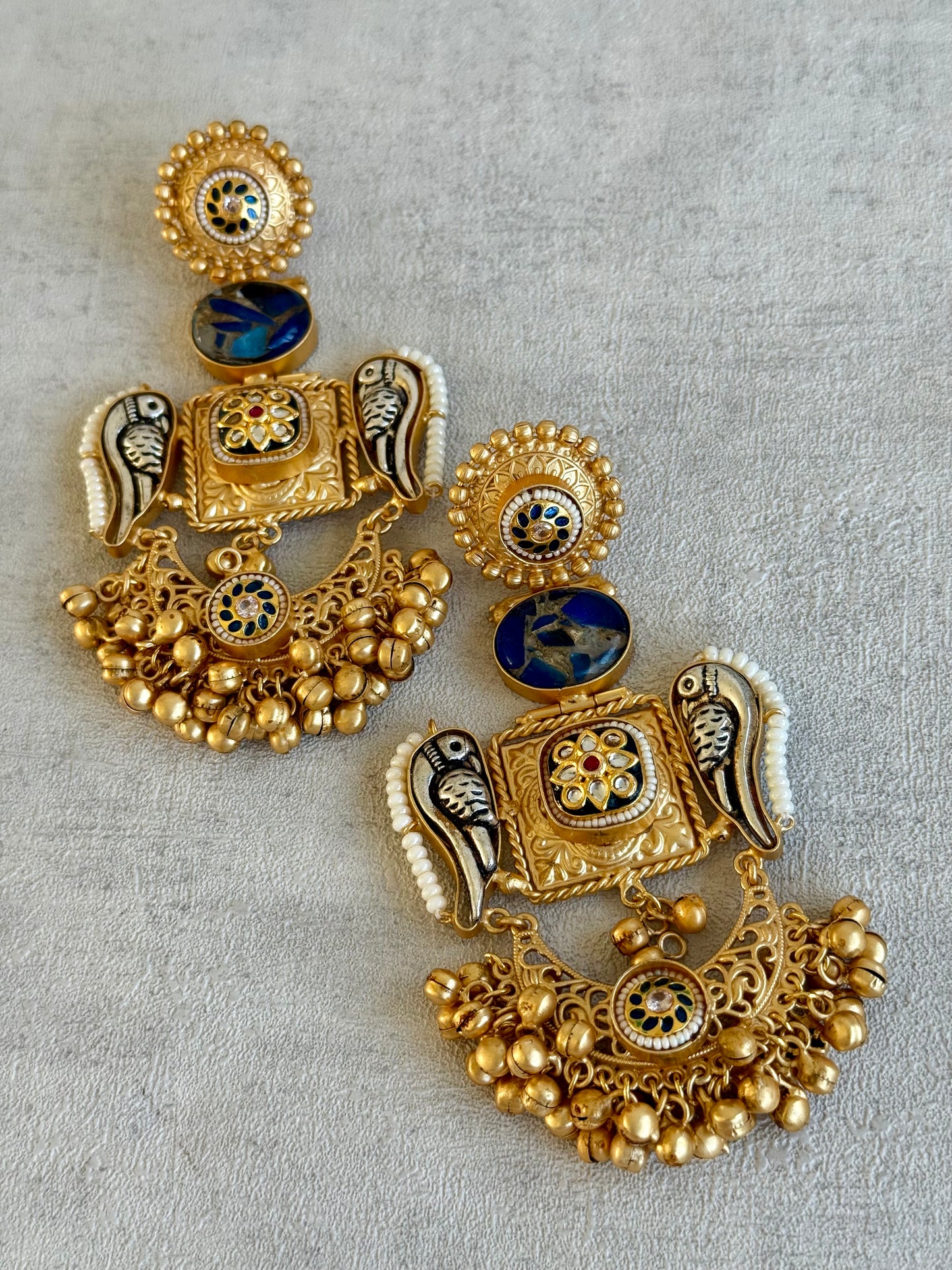 Ayura Designs Soha Earrings – Antique Gold with Midnight Blue Stone & Oxidised Parrots