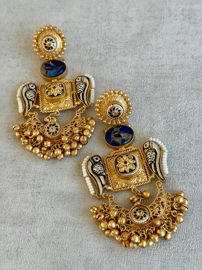Ayura Designs Soha Earrings – Antique Gold with Midnight Blue Stone & Oxidised Parrots