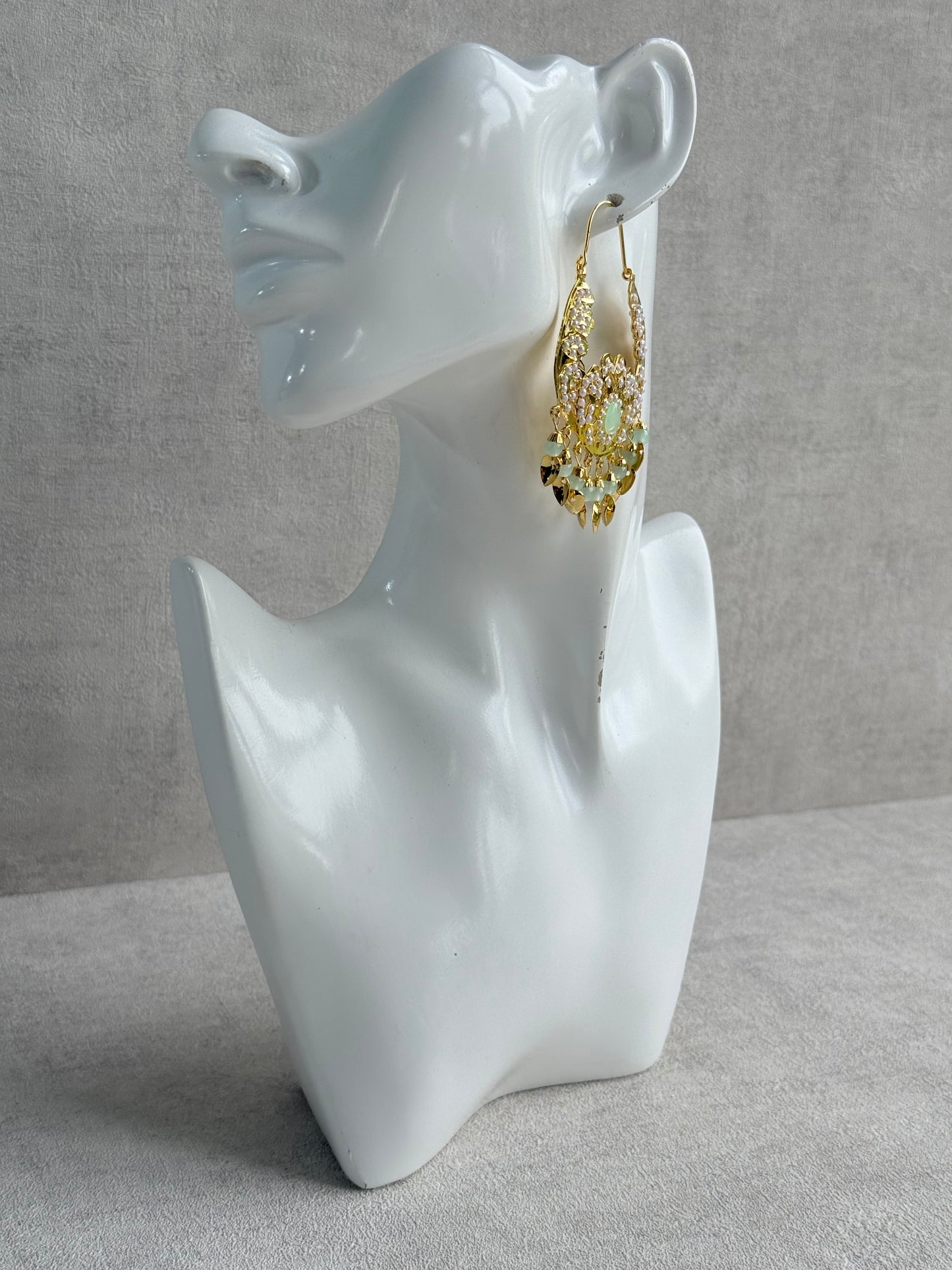 Ayura Designs Nimrat Balis – Mint Green & Ivory Pearls with Pippal Patti & Gold Finish