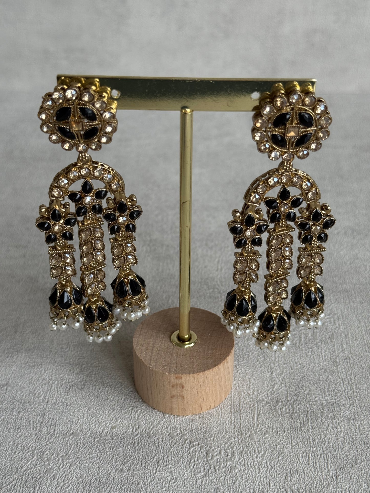 Ayura Designs Soraya Earrings – Black Stones, Champagne Crystals, Pearl Detailing & Gold Finish
