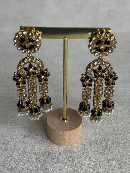 Ayura Designs Soraya Earrings – Black Stones, Champagne Crystals, Pearl Detailing & Gold Finish
