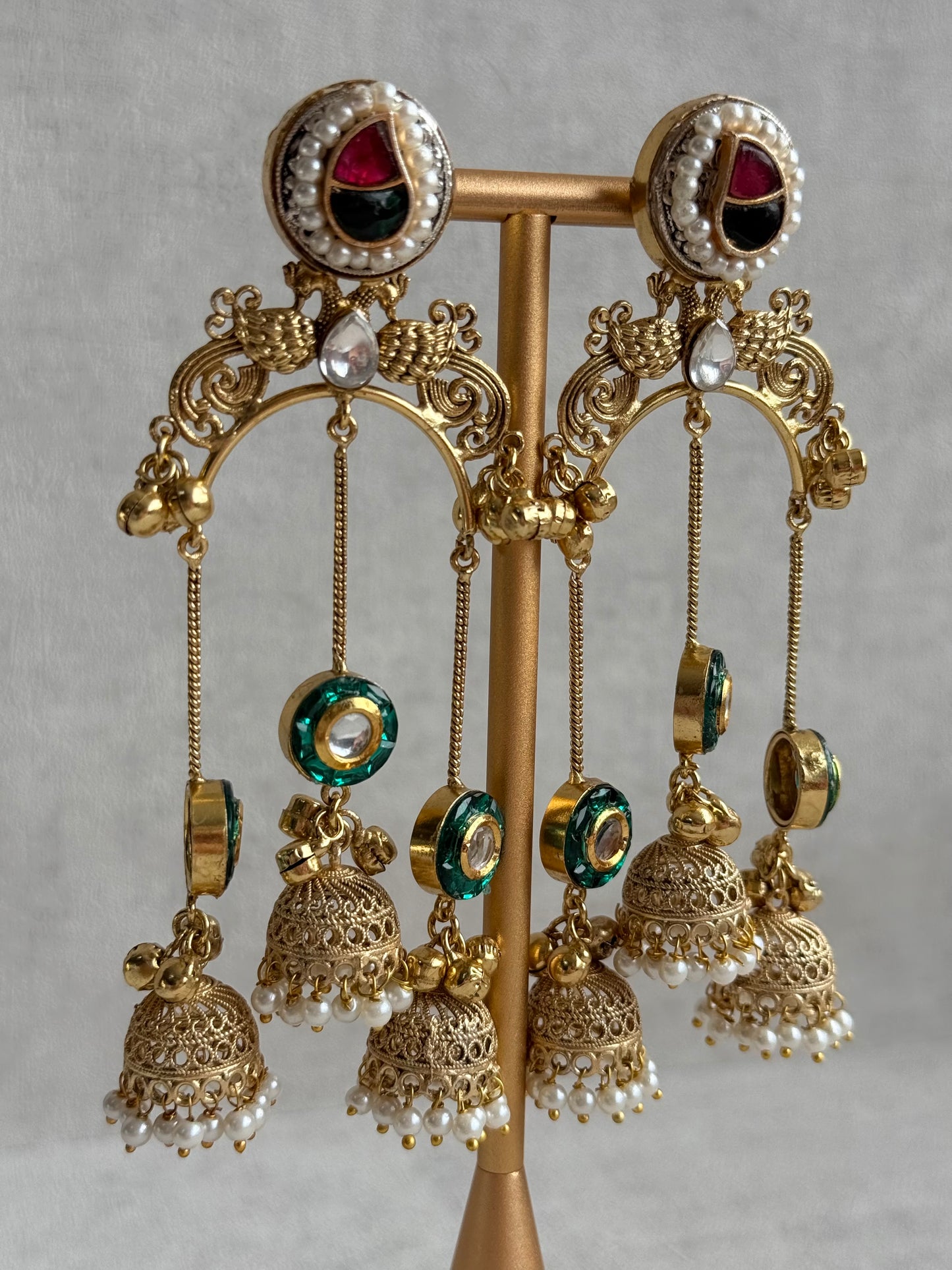 Ayura Designs Arzina Earrings – Triple Jhumki Earrings with Emerald Green Stones, Pearl Borders & Gold Detailing