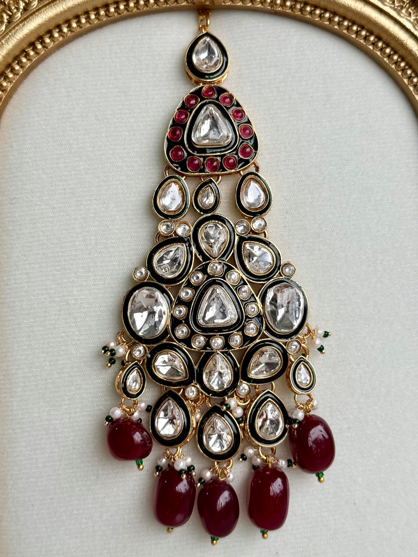 Ayura Designs Salma Jhoomar Passa – Ruby Red Beads with Kundan Stones & Antique Gold Finish