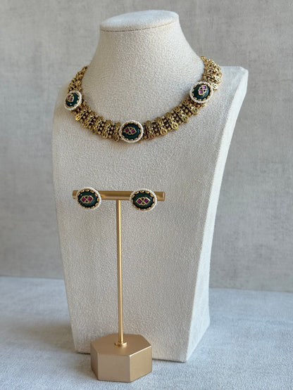 Ayura Designs Lajita Necklace Set with Stud Earrings – Emerald Green & Rani Pink with Pearl & Statement Floral Link Design