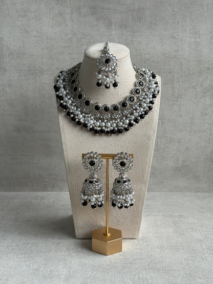 Ayura Designs Barira Set – Necklace, Jhumkis & Tikka with Black Stones, Pearls & Antique Silver Finish