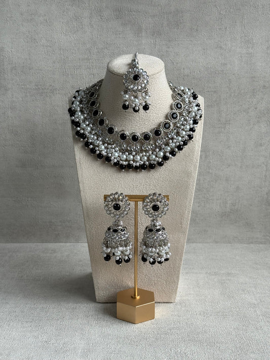 Ayura Designs Barira Set – Necklace, Jhumkis & Tikka with Black Stones, Pearls & Antique Silver Finish