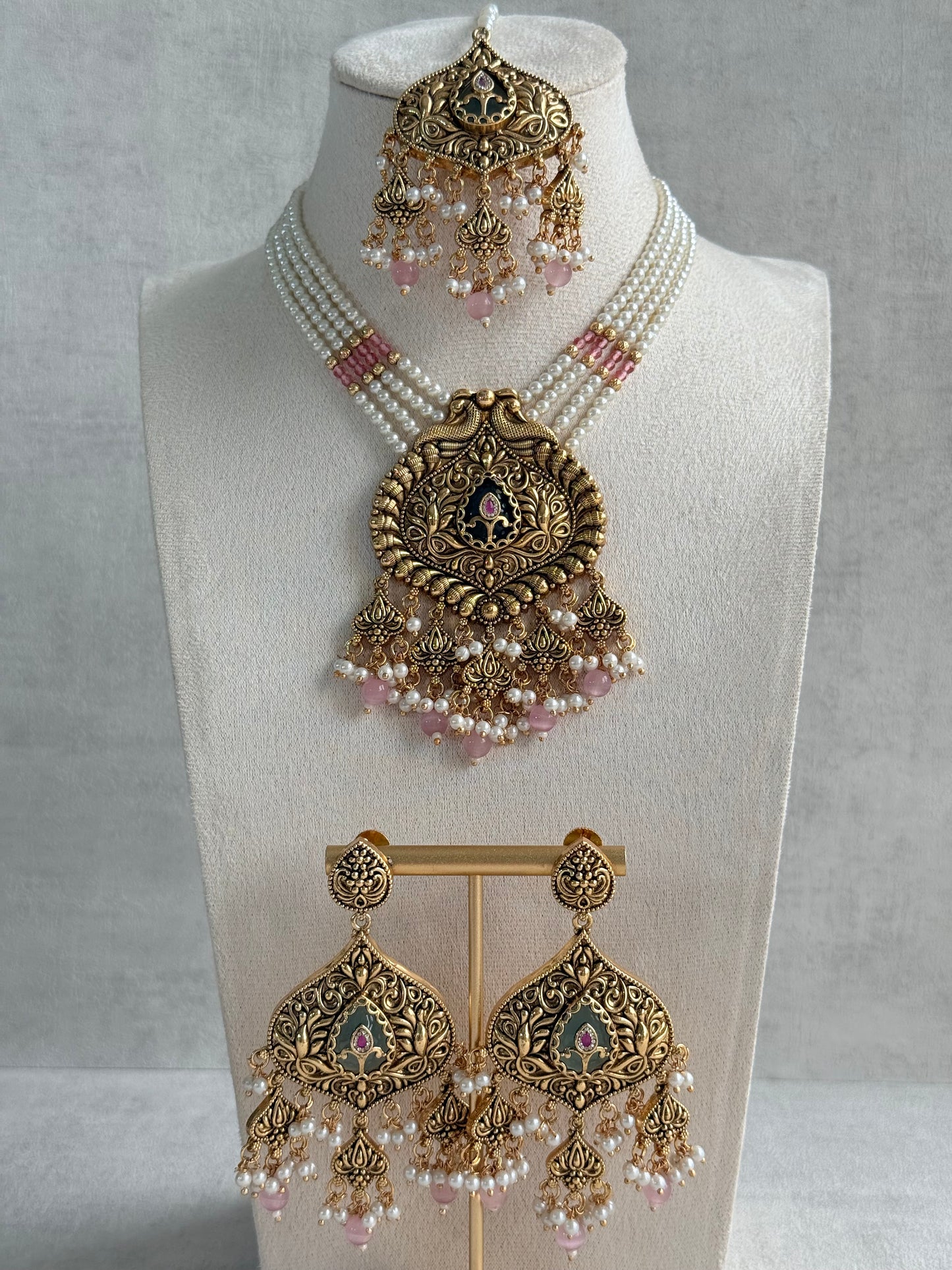 Ayura Designs Afia Necklace Set with Earrings & Tikka – Antique Gold, Blush Pink Pearls, Green Centre Stone & Peacock Motifs