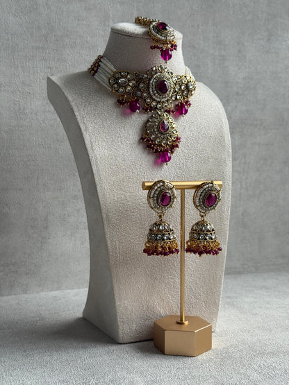 Ayura Designs Muskaan Set – Choker, Jhumkis & Tikka with Magenta Beads, Kundan Stones & Antique Gold Finish